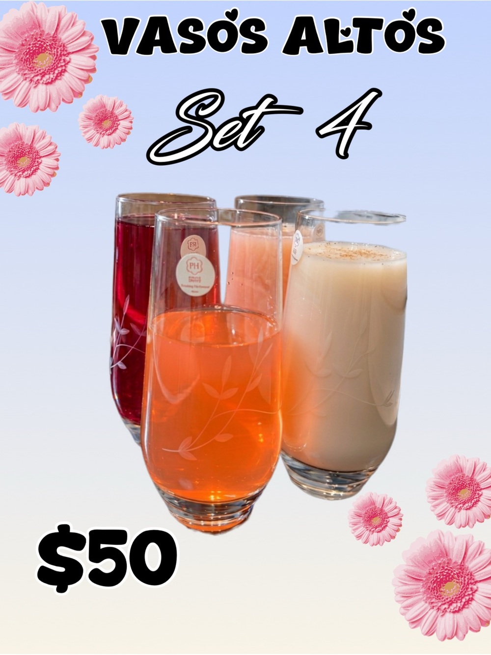 Princess House Tall Floral Etched Glass Tumbler Set - Pink, Orange, Cream, Red